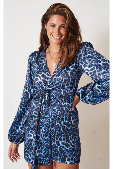 Love Frontrow Blue Leopard Print Mini Wrap Dress Love Frontrow